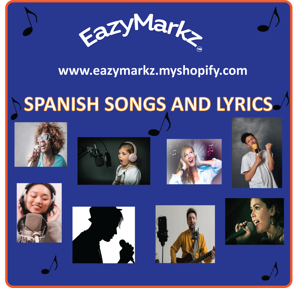 Spanish songs with Lyrics - Spanish Vowels - Spanish Alphabet - Spanish Numbers 1-10 - Spanish Days of the Week - Spanish Months - Spanish Subject Pronouns - Spanish AR Verbs - Spanish numbers 1-20 - Discount package (8 songs $7.00)