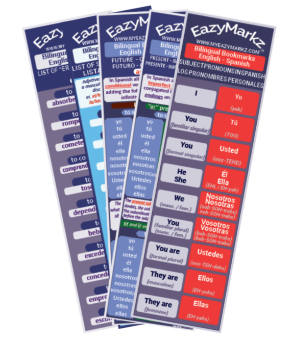 23 Bilingual Bookmarks double-sided Spanish Grammar: Conjugation of 7 simple tenses - 6 compound tenses - Vowels - Syllables - Alphabet - Gerund - Past Participle - commands - List of AR-ER-IR Verbs - Adjectives - Adverbs - Vocabulary. English - Spanish