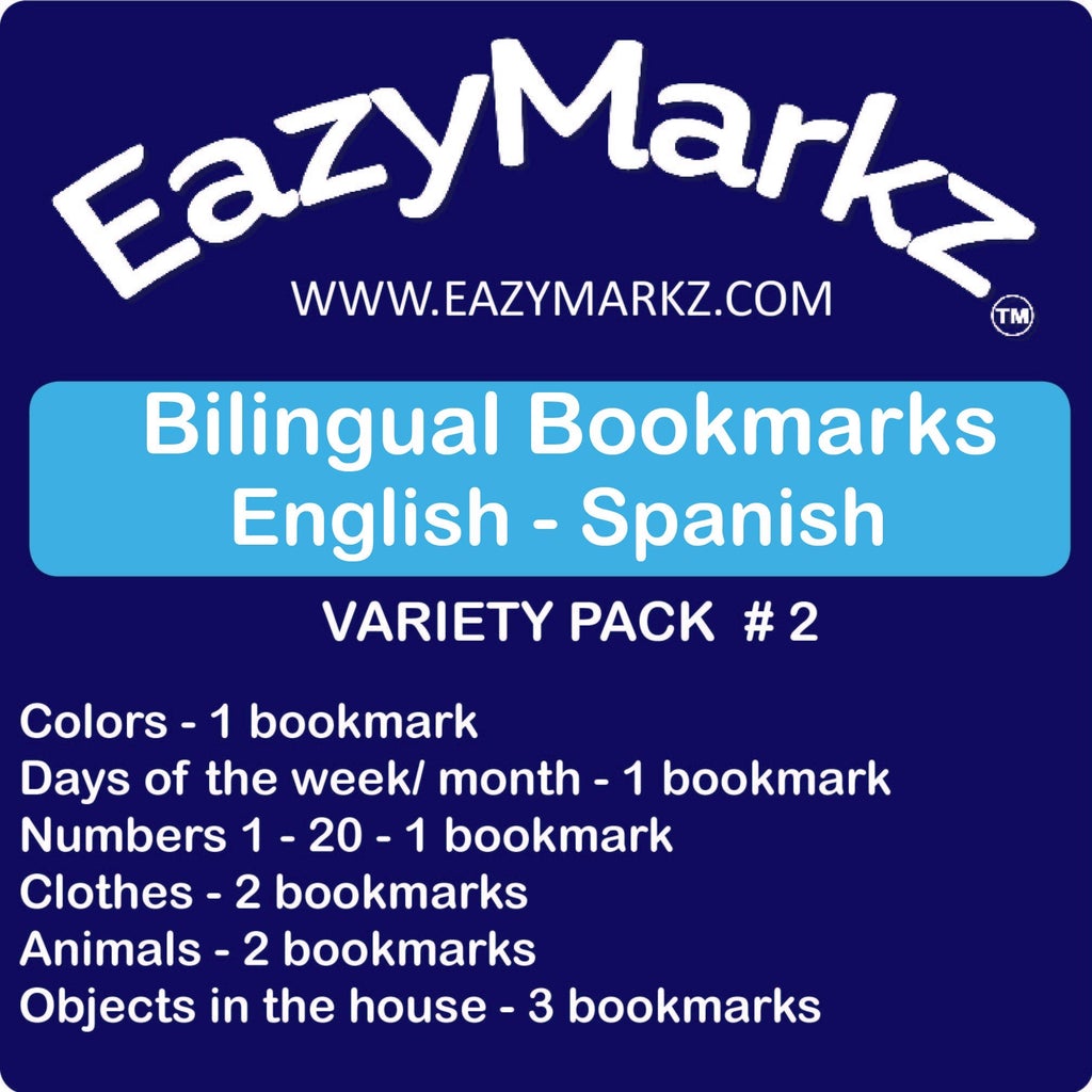 Bilingual Bookmarks - Variety Package #2 - English - Spanish - Days and months - Animals - Colors - Clothes - Numbers - Time - Objects in the House -  Alphabet and syllables