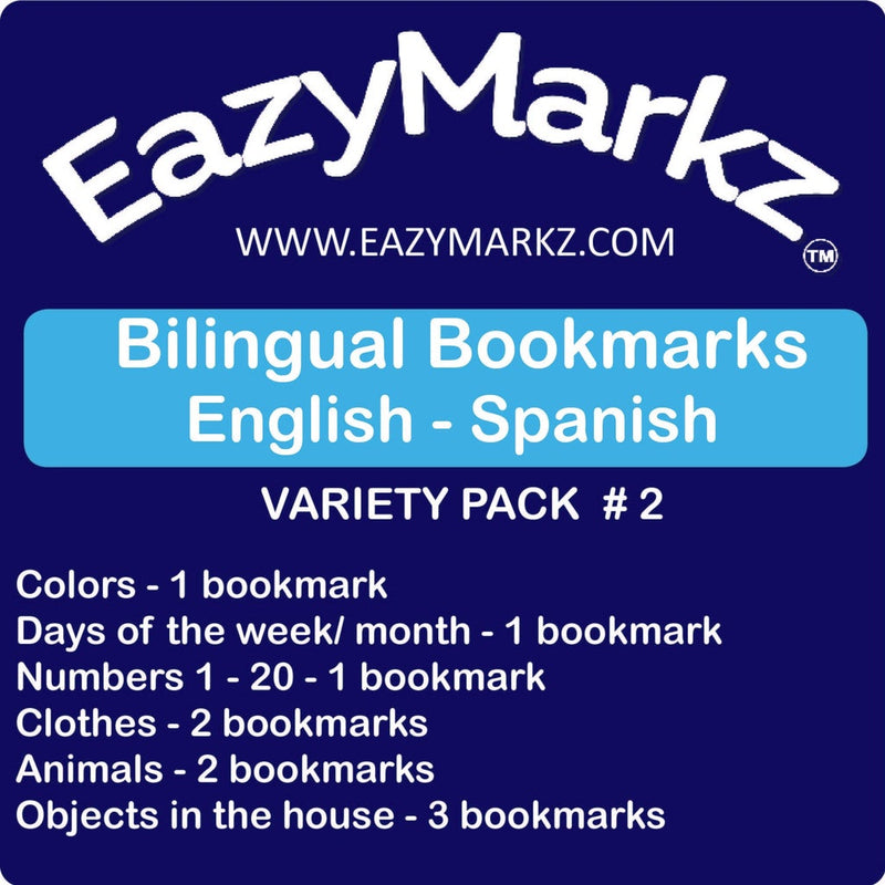 Bilingual Bookmarks - Variety Package #2 - English - Spanish - Days and months - Animals - Colors - Clothes - Numbers - Time - Objects in the House -  Alphabet and syllables