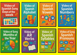 write on the video cases - Video of Spanish song Days of the week, Video of Song Spanish Alphabet, Video of song Spanish Vowels, Video of Song Spanish numbers, Video of Song Months of the year, Video of Song Ar Verbs, Video of Song Spanish Syllables, Video of Song Spanish Pronouns