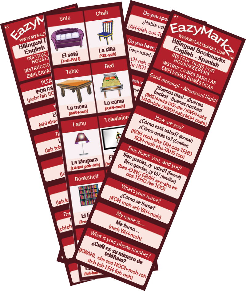 7 Bilingual Bookmarks double-sided with Instructions for Housekeepers: Interview, Rooms in the house, Vocabulary, Chores, objects in the house. - English - Spanish