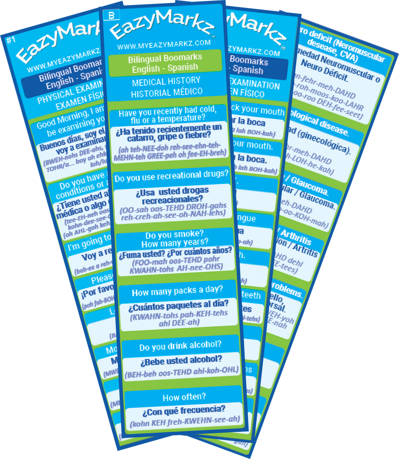 17 Bilingual Bookmarks double-sided for Health Care Providers - English - Spanish - 3 Medical History - 5 Physical - 4 emergency - 2 Condition and Illnesses - 1 Medical Profession - 1 Specialist - 1 Vital signs