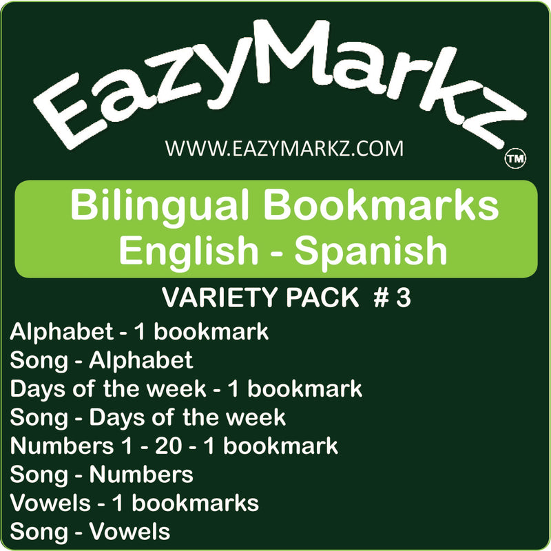 Bilingual Bookmarks - Variety Package #3 - English - Spanish - Spanish Alphabet Bookmark and song - Days Bookmark and song - Spanish Vowels Bookmark and song -